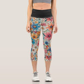 Elegantes, graziöses, blau-gelbes Blumenmuster Capri Leggings (Vorderseite)