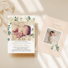 Elegantes Green and Gold Floral Girl Baptism Foto Einladung