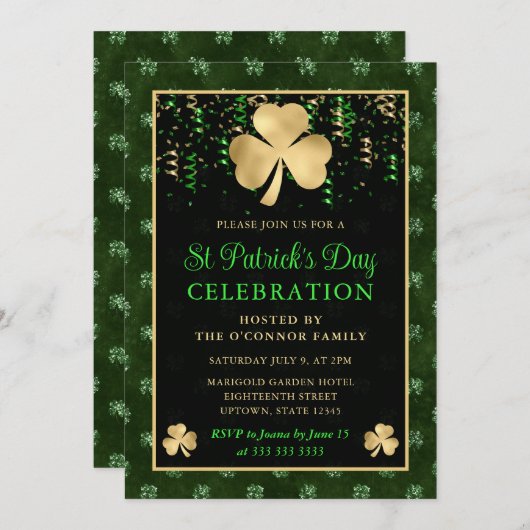 Elegantes Green and Gold Kleeblatt St Patrick's Da Einladung (Vorne/Hinten)