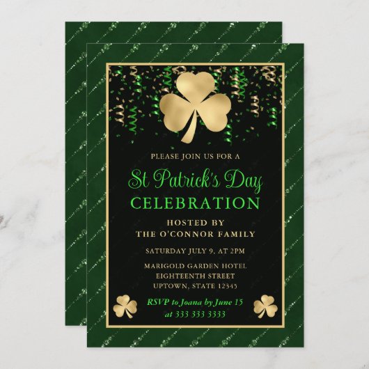 Elegantes Green and Gold Kleeblatt St Patrick's Da Einladung (Vorne/Hinten)