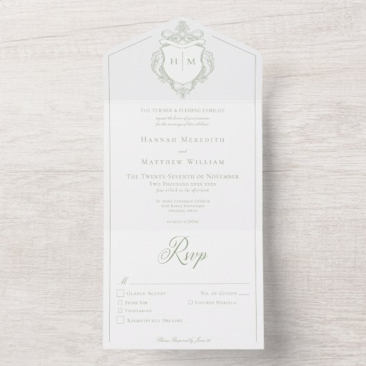 Elegantes Green Chinoiserie Bird Wappen Wedding All In One Einladung (Innen Boden)