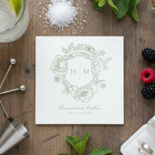 Elegantes Green Chinoiserie Bird Wappen Wedding Serviette