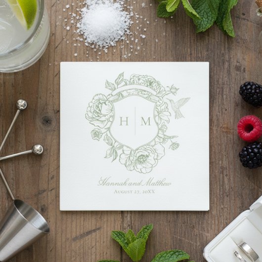 Elegantes Green Chinoiserie Bird Wappen Wedding Serviette