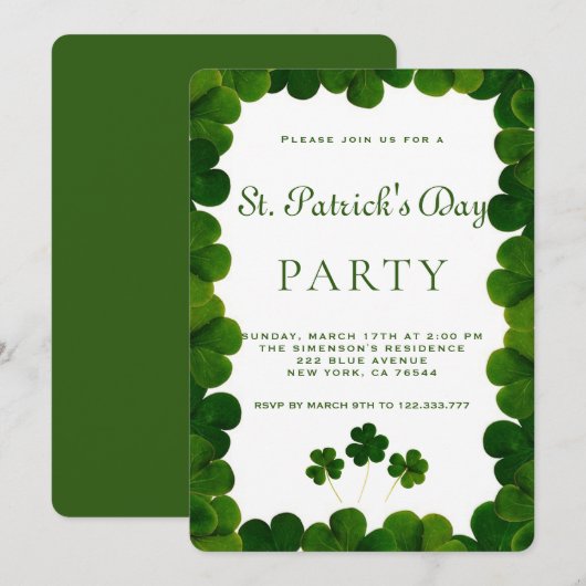 Elegantes Green Clover Frame St.Patrick Party Einladung (Vorne/Hinten)