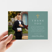 Elegantes Green Cross Boy First Communion Foto Dankeskarte