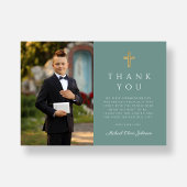 Elegantes Green Cross Boy First Communion Foto Dankeskarte