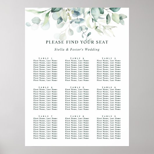Elegantes Green Foliage Wedding Seating Chart Poster (Vorne)