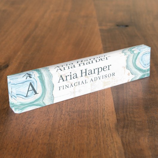 Elegantes Green Geode Gold Glitzer Agate Monogram Namensplakette (Seite)