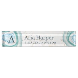 Elegantes Green Geode Gold Glitzer Agate Monogram Namensplakette