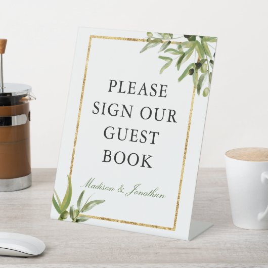 Elegantes Green Gold Botanical Vine Gästebuch Sockelschild