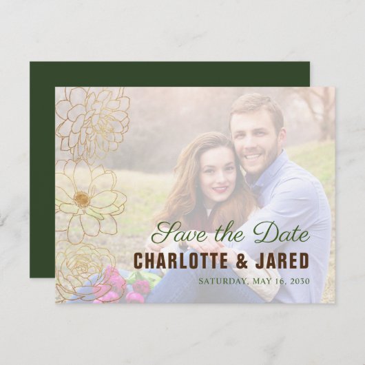 Elegantes Green & Gold Floral Save the Date Foto (Vorne/Hinten)
