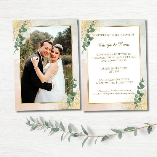 Elegantes Green & Gold Foto Einladung zur Hochzeit