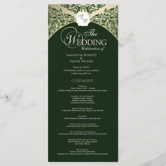 Elegantes Green & Gold Monogram Wedding Program Programm (Vorderseite)