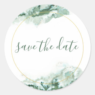 Elegantes Green & Gold Ombre-Marmor Save the Date Runder Aufkleber