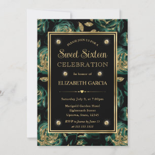 Elegantes Green & Gold Rose Blumenmuster Sweet 16 Einladung