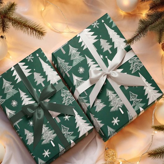 Elegantes Green Gray Christmas Tree Muster Geschenkpapier