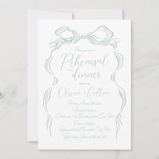 Elegantes Green Hand Drawn Bow Probe Dinner Einladung (Vorderseite)