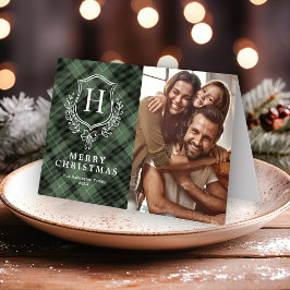 Elegantes Green Kariert Monogram Foto Weihnachten