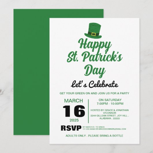 Elegantes Green Kleeblatt St. Patrick's Day Party Einladung (Vorne/Hinten)