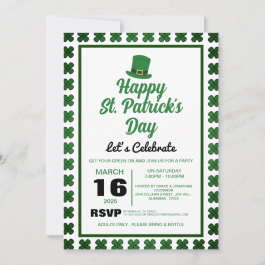 Elegantes Green Kleeblatt St. Patrick's Day Party Einladung (Vorderseite)