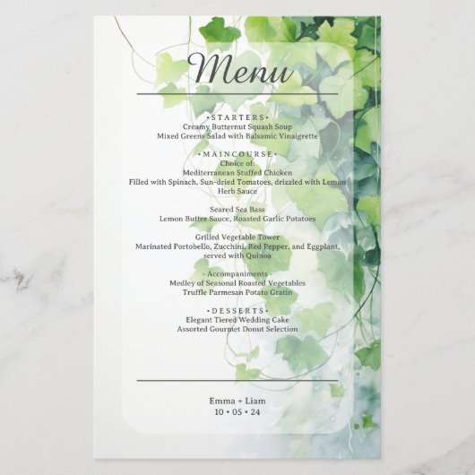 Elegantes Green Leaf Wedding Menu (Vorderseite)
