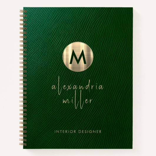Elegantes Green Leather Gold Monogramm Notizblock (Vorderseite)