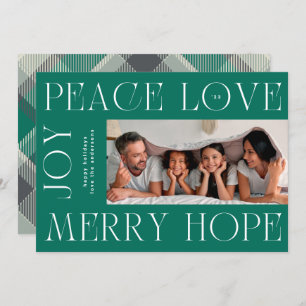 Elegantes Green Letters MERRY JOY PEACE LIEBE Foto Feiertagskarte