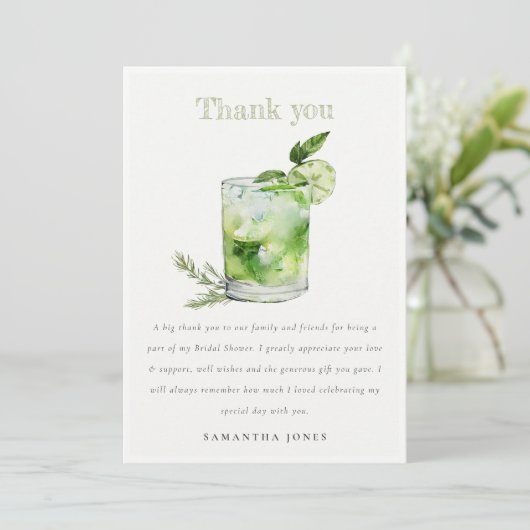 Elegantes Green Margarita Cocktail Brautparty Dankeskarte (Stehend Vorderseite)