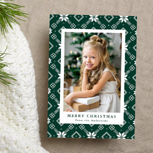 Elegantes Green Nordic Snowflake Muster Foto Feiertagskarte
