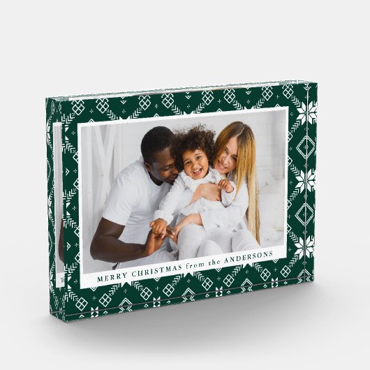 Elegantes Green Nordic Snowflake Muster Weihnachte Fotoblock (Links)