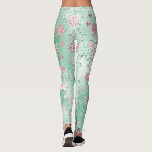 Elegantes Green Pink Weihnachts-Schneeflockenmuste Leggings (Rückseite)