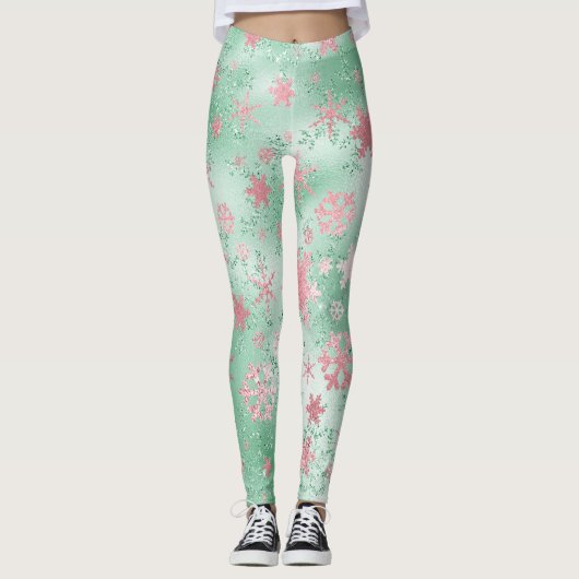 Elegantes Green Pink Weihnachts-Schneeflockenmuste Leggings (Vorderseite)