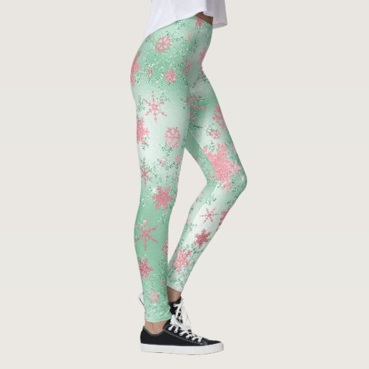 Elegantes Green Pink Weihnachts-Schneeflockenmuste Leggings (Rechts)