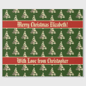 Elegantes Green Red Imitats Gold Weihnachtsbaummus Geschenkpapier (Flach)