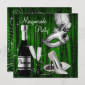 Elegantes Green Schwarz-weiß Masquerade Party Einladung (Vorne/Hinten)