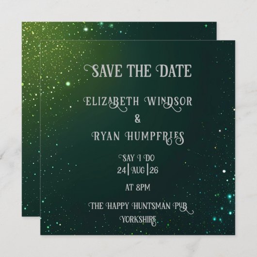 Elegantes Green Sparkle Design für Hochzeiten Save The Date (Vorne/Hinten)
