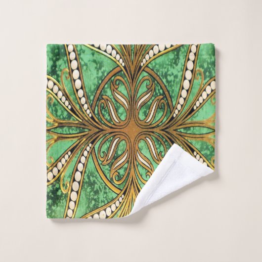 Elegantes Green und Gold Damask Muster Badhandtuch Set (Waschlappen)