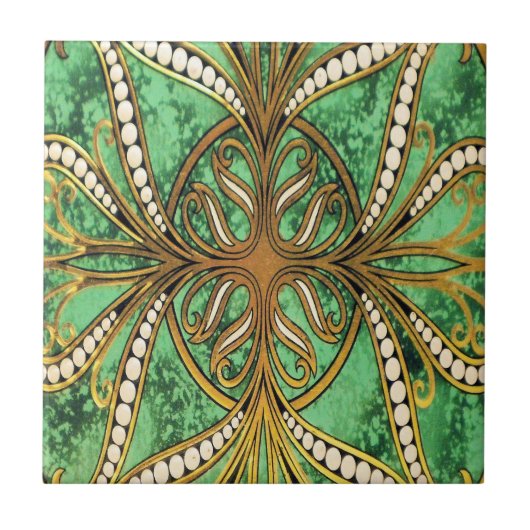 Elegantes Green und Gold Damask Muster Fliese (Vorderseite)