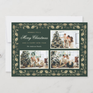 Elegantes Green und Gold Family Foto Feiertagskarte