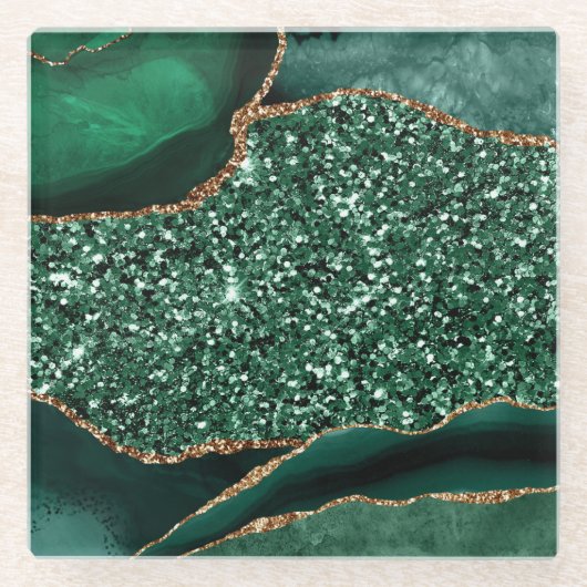 Elegantes Green und Gold Glitzer Agate Glasuntersetzer (Vorderseite)