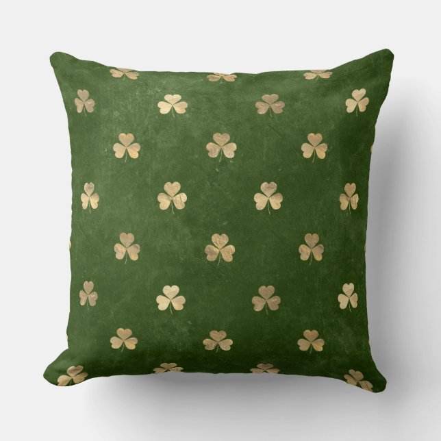 Elegantes Green und Gold Irish Kleeblatt Clover Kissen (Vorderseite)