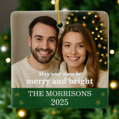 Elegantes Green und Gold Snowflake Family Foto Keramikornament