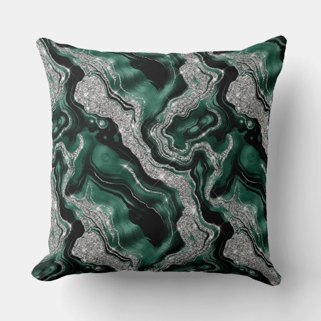Elegantes Green und Silver Glitzer Agate Pattern Kissen (Vorderseite)