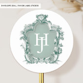 Elegantes Green Verziert Monogram Siegel / Gefälli Runder Aufkleber