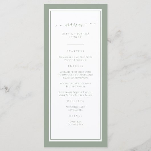 Elegantes Green Wedding Menu Menükarte (Vorderseite)
