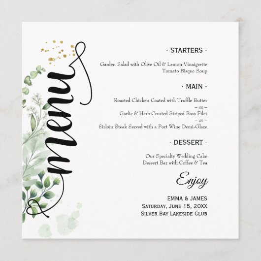 Elegantes Greenerity Script Round Wedding Flat Men Menükarte (Vorderseite)