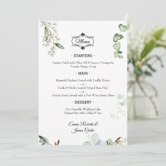 Elegantes Greenerity Table Wedding Menu Menükarte (Stehend Vorderseite)