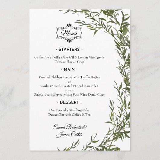 Elegantes Greenerity Table Wedding Menu Menükarte (Vorderseite)