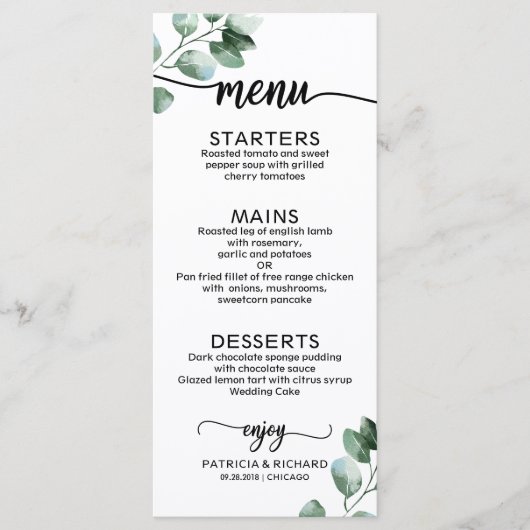 Elegantes Greenerity Wedding Menu Menükarte (Vorderseite)