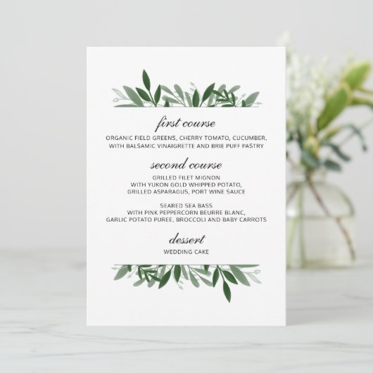 Elegantes Greenerity Wedding Menu Menükarte (Stehend Vorderseite)